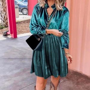 Skobeloff Velvet Buttoned Front Ruffled Mini Dress